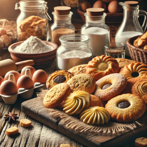 DALL·E 2024-08-28 14.27.44 - A cozy kitchen scene featuring a variety of homemade cookies and traditional pastries like roscos and mantecados, all arranged on a rustic table. The